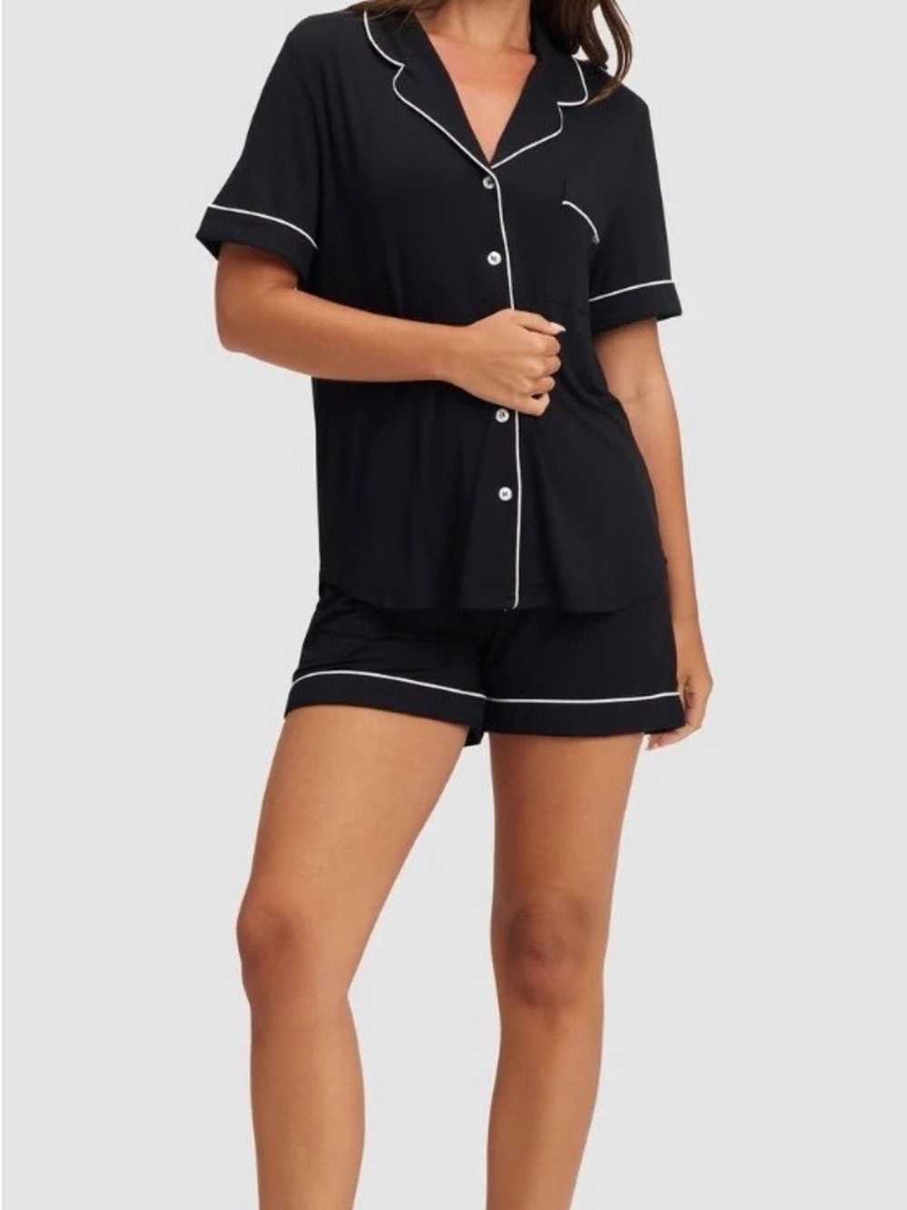 Cozy Earth Bamboo Black Short Sleeve Pajama Set with White Piping